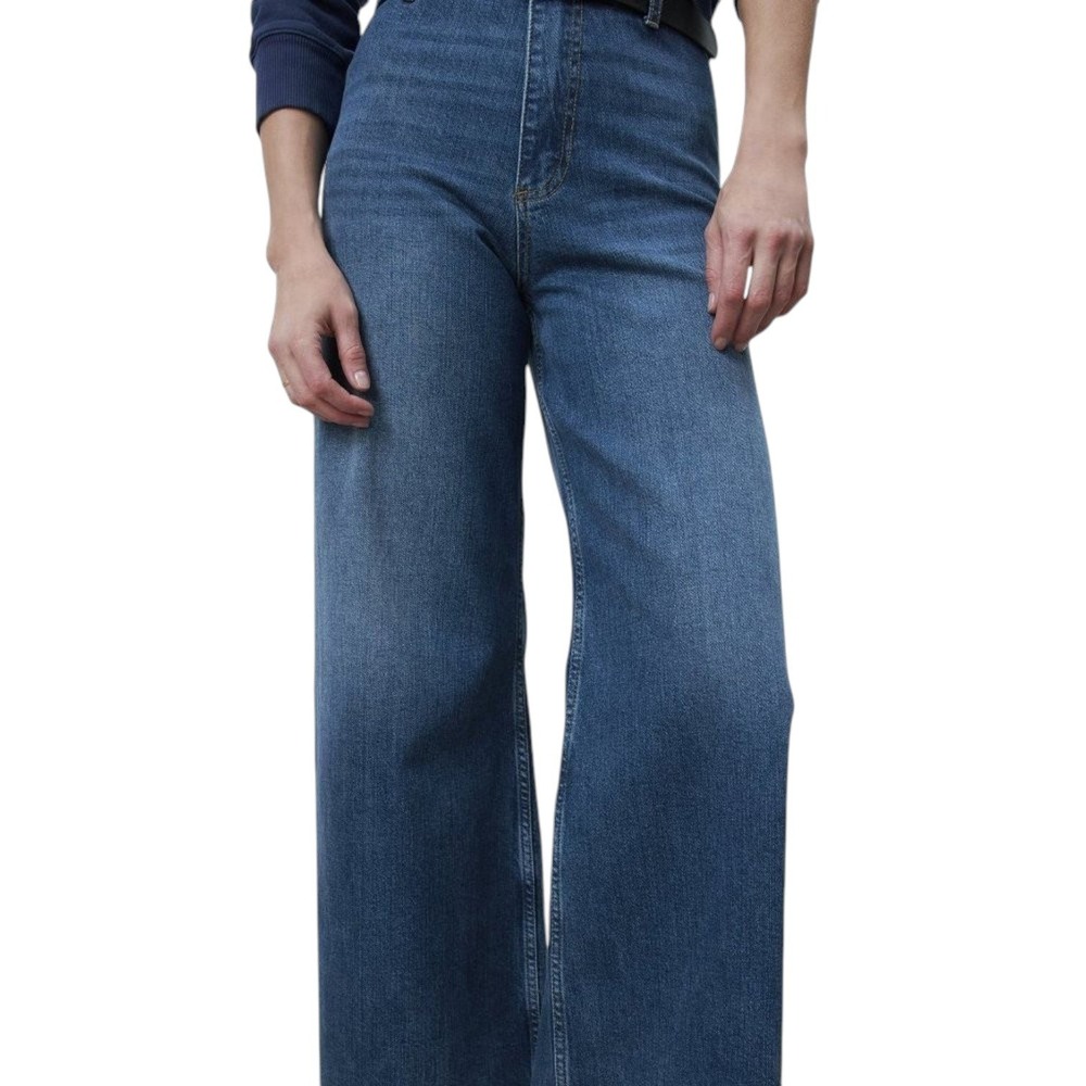 Zara The Marine Straight Jeans Womens 12 Debbie Blue High Raw Hem Wide Leg NEW